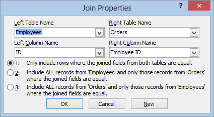 Capture dʼécran des propriétés de jointures, qui illustre trois types de jointures.