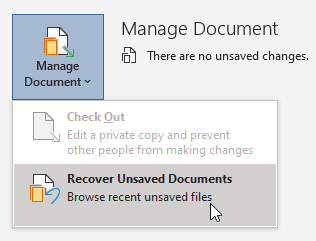 Capture dʼécran montrant lʼoption Gérer le document, avec Récupérer des documents non enregistrés sélectionné.