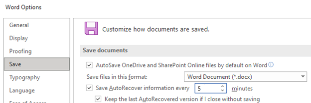 Capture dʼécran montrant les options de la section Enregistrer des documents de Word, avec lʼoption de récupération automatique définie sur toutes les cinq minutes.