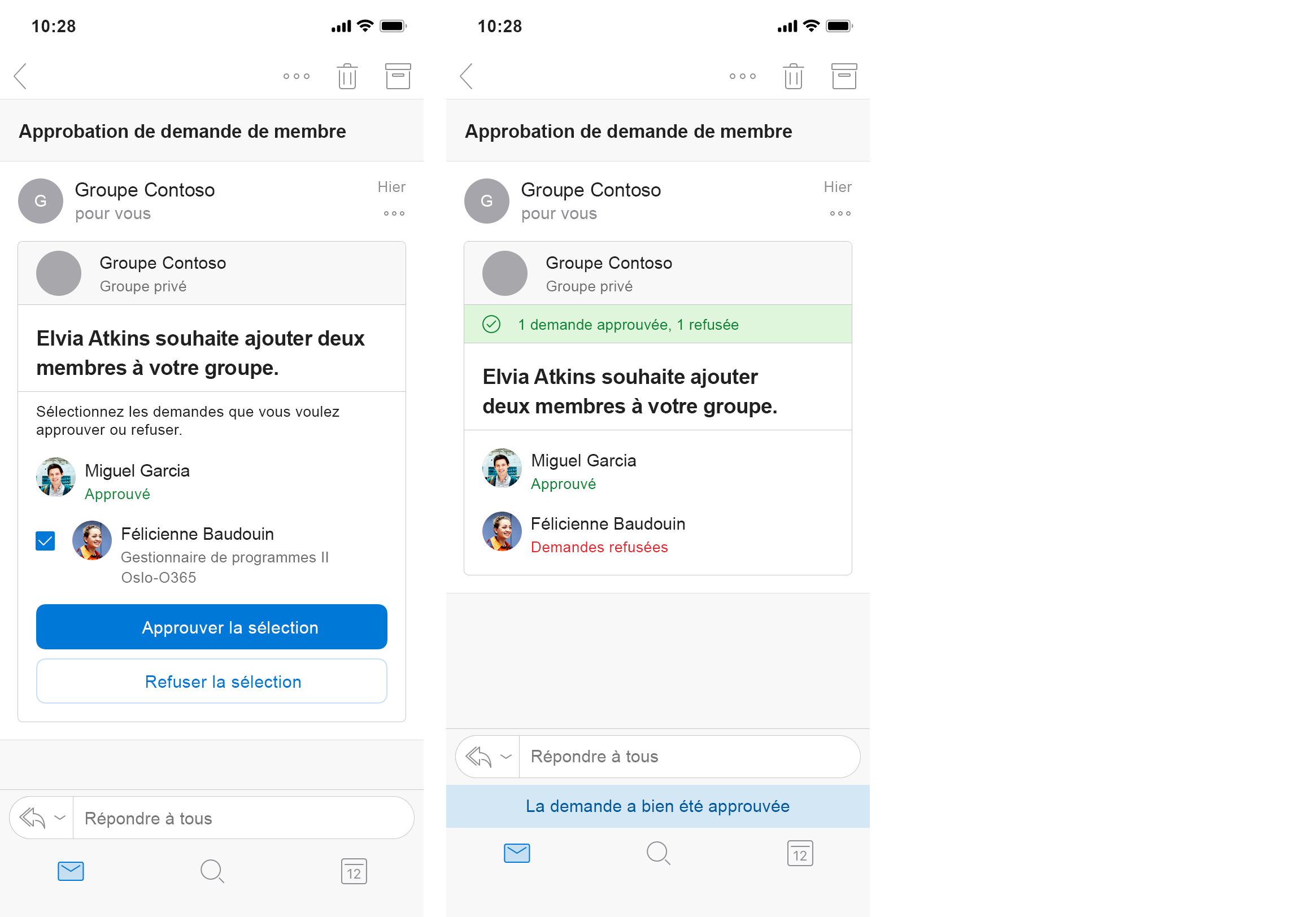 Carte de message d’ajout de membres à un groupe illustrant le refus du deuxième membre dans Outlook sur iOS.