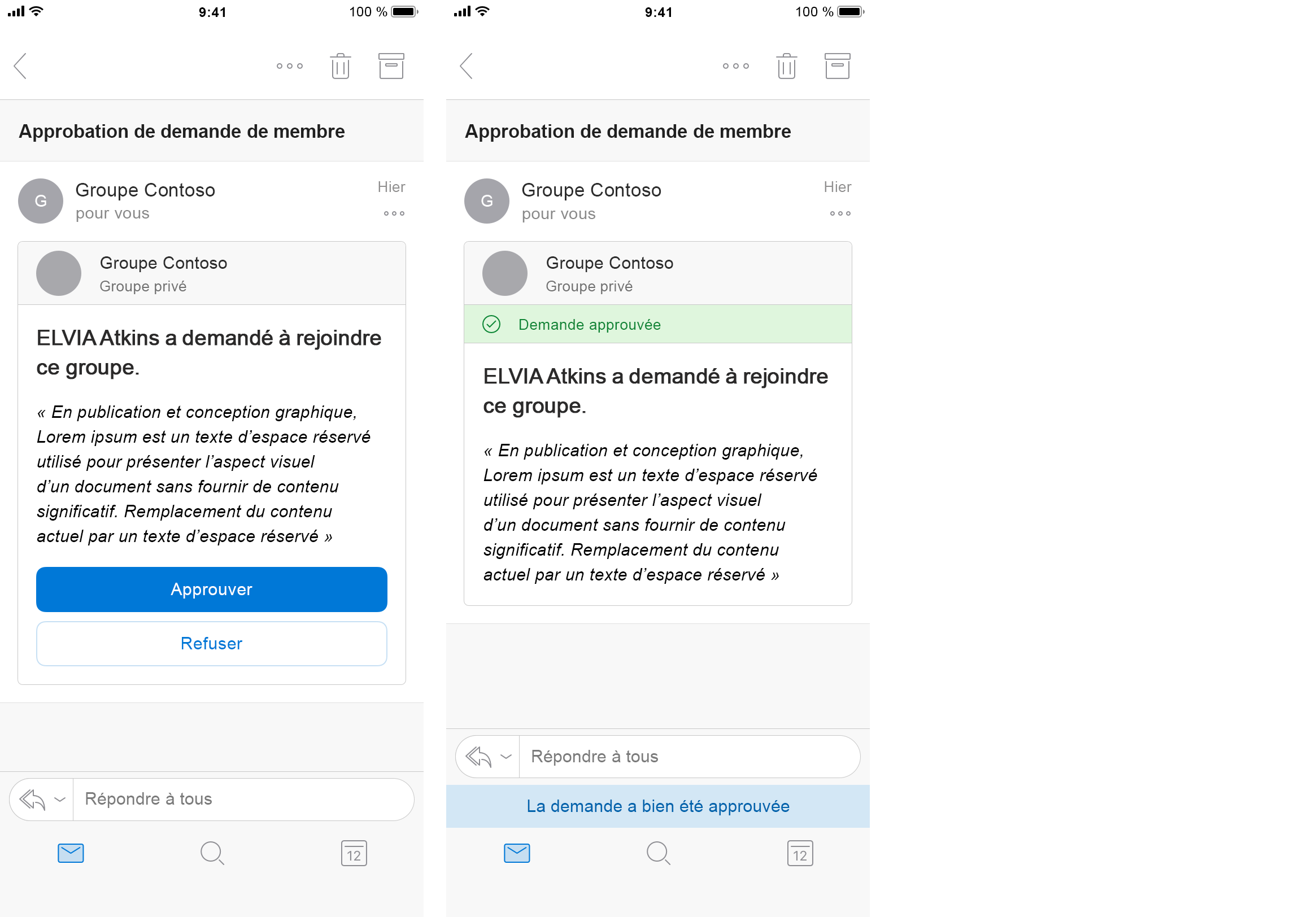 Message relatif à une demande pour rejoindre un groupe dans Outlook sur iOS.
