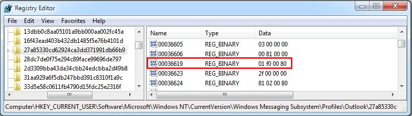 Capture dʼécran de lʼonglet Sécurité dans la boîte de dialogue Microsoft Exchange, montrant si la valeur binaire est bien de 00036619.