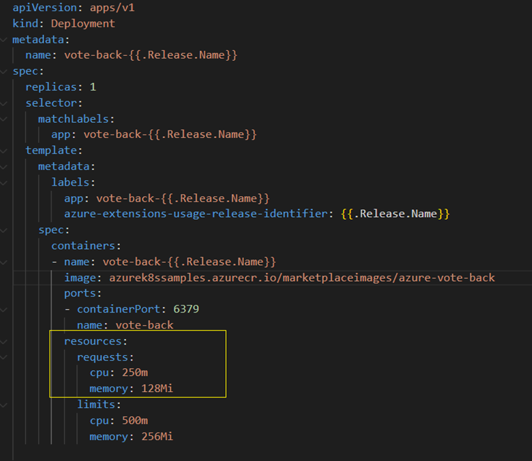 Capture d’écran des demandes de ressources processeur dans un fichier pods.yaml. Le contenu ressemble à l’exemple par fichier de modèle de facturation principal lié dans cet article.