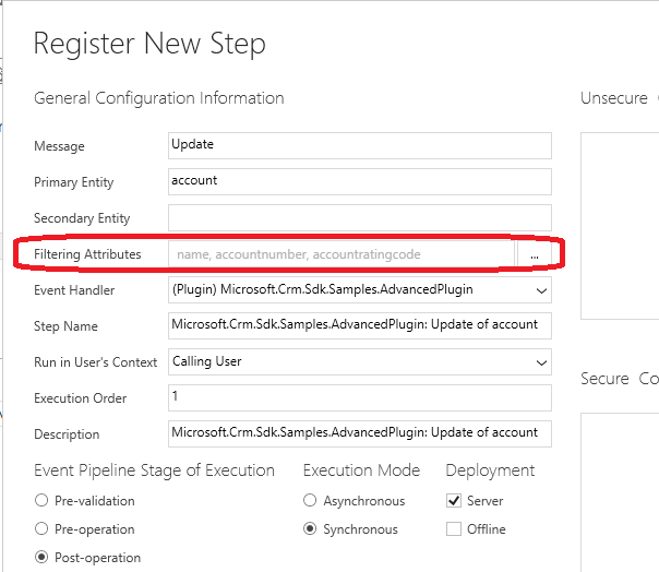 Étape d′inscription du plug-in avec des attributs de filtrage.