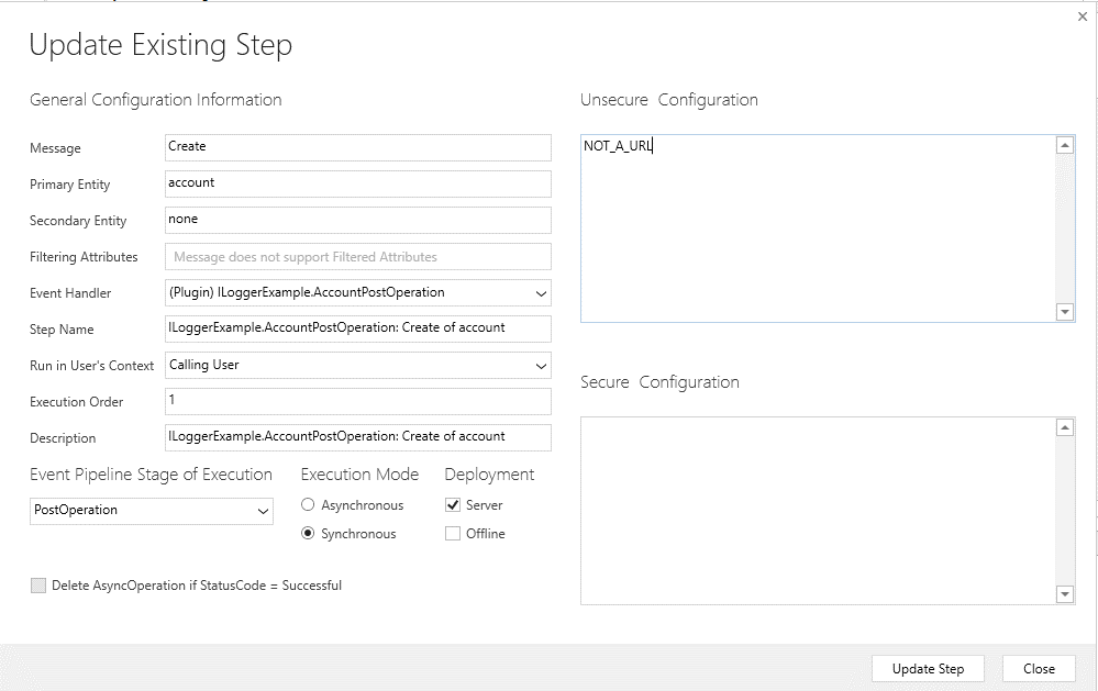 Provoque une erreur en entrant une valeur de configuration non valide dans l′enregistrement de l′étape du plug-in.