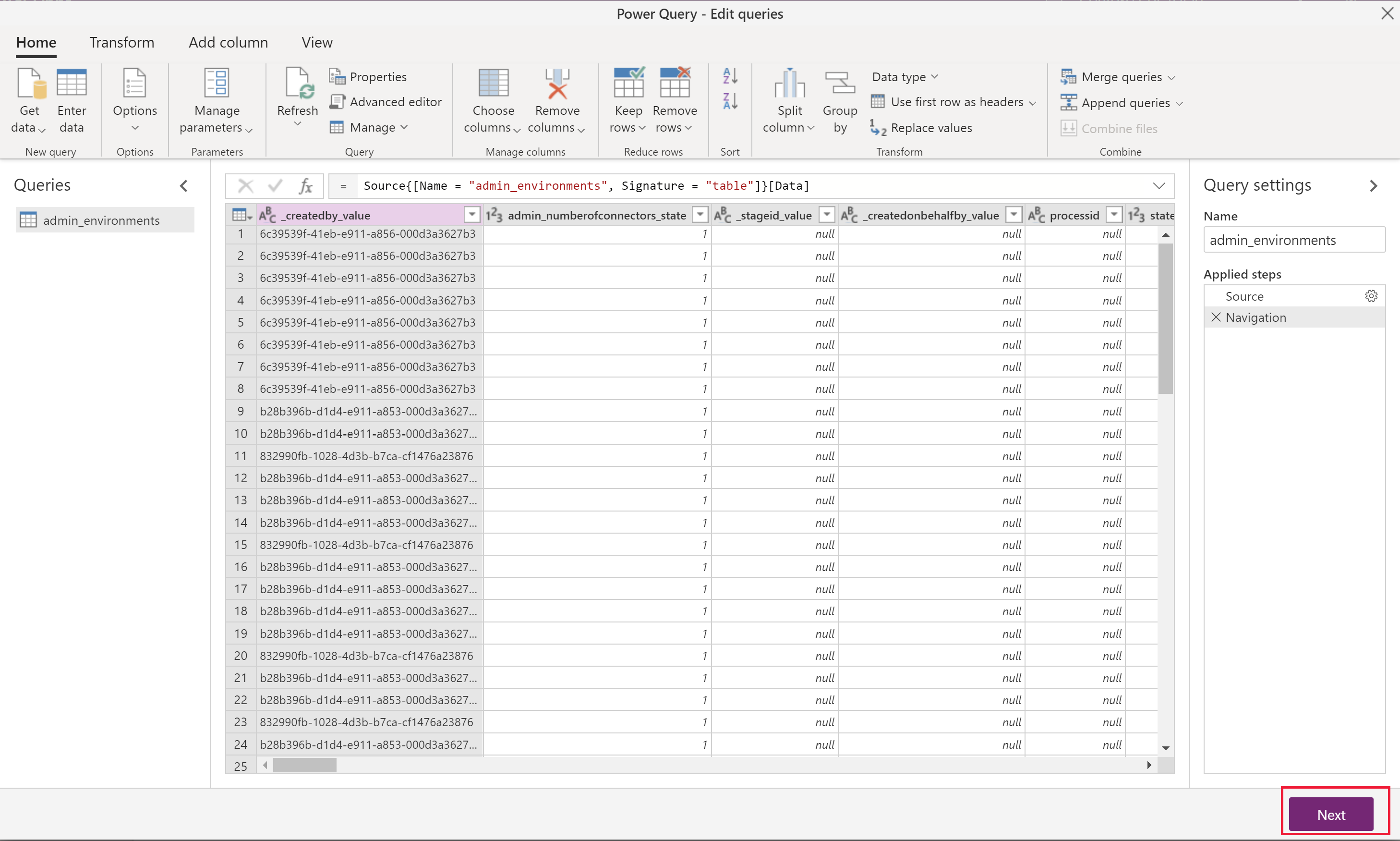 Navigateur Power Query.