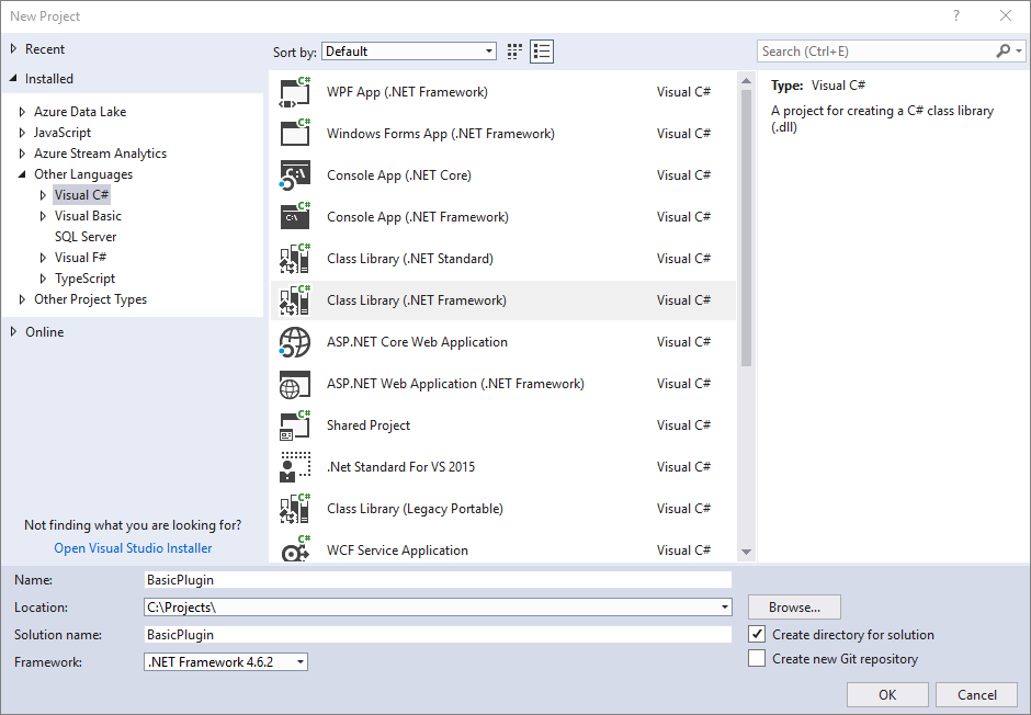 Ouvrir un nouveau projet Bibliothèque de classes (.NET Framework) à l’aide de .NET Framework 4.6.2.