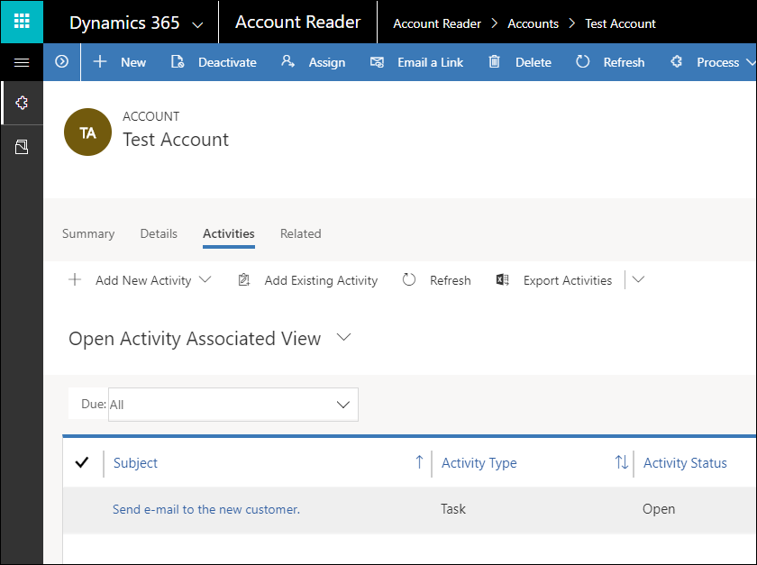 Enregistrement de table de compte avec création de l’activité de tâche associée par plug-in.