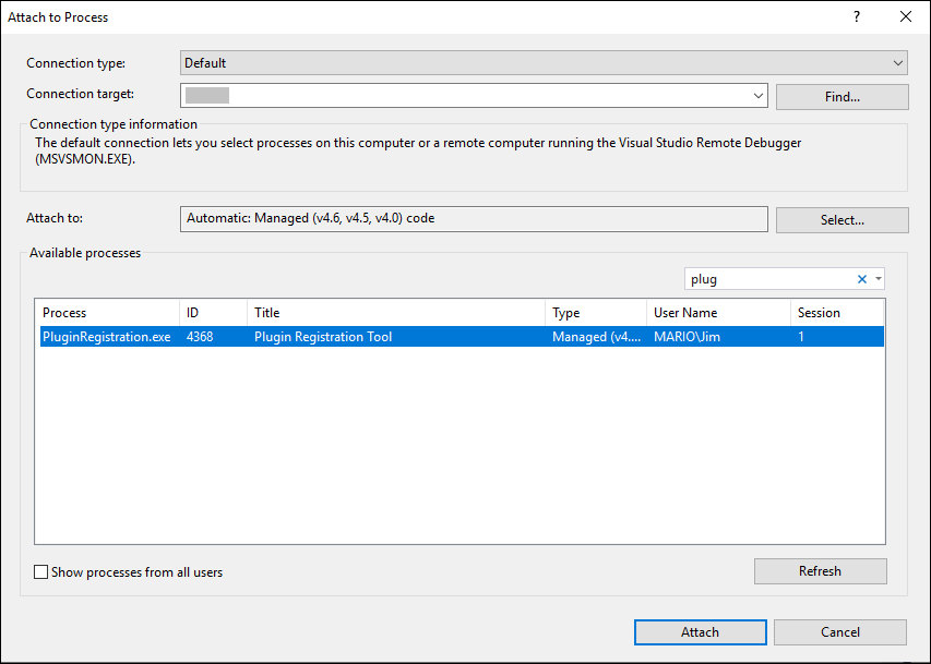 Boîte de dialogue Visual Studio Attacher au processus.