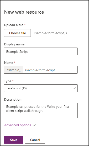 Nouvelle boîte de dialogue de ressource Web pour créer un exemple de script de formulaire