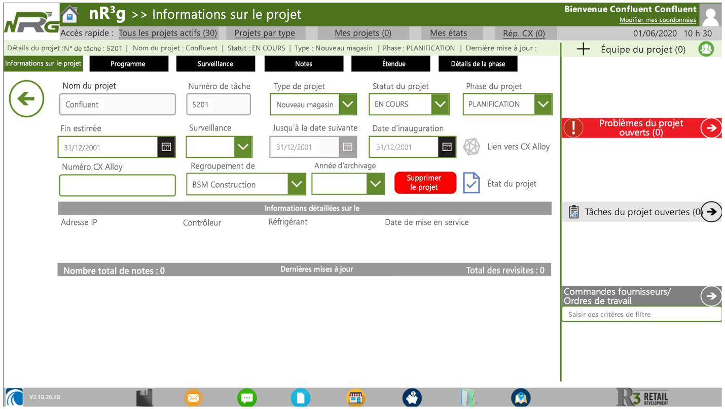 Capture d’écran du tableau de bord de projet R3.