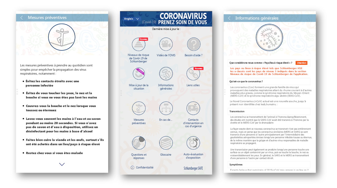 Quelques captures d’écran de l’application Schlumberger Stay SAFE.