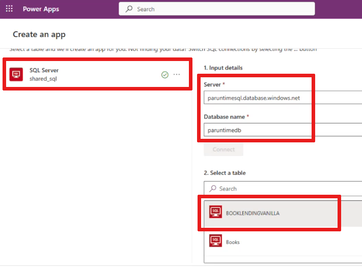 Capture d’écran montrant la page Créer une application dans laquelle vous pouvez choisir une connexion à SQL Server, y compris une table.