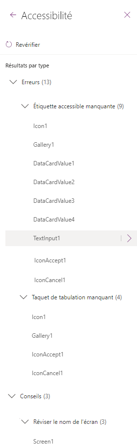 Volet du vérificateur d’accessibilité et liste des éléments.