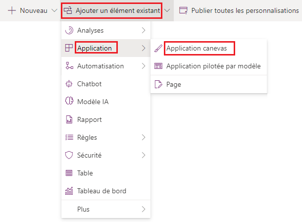 Options de bannière pour associer une application existante.