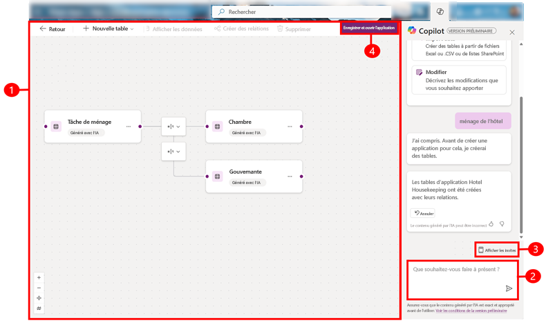 Capture d’écran des tables et des relations Dataverse pour une application de nettoyage d’un hôtel, avec des annotations numérotées.