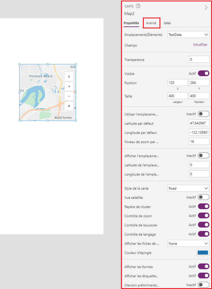 Capture d’écran d’une application de téléphone dans laquelle un contrôle Carte est affiché à côté de l’onglet Propriétés dans Microsoft Power Apps Studio.