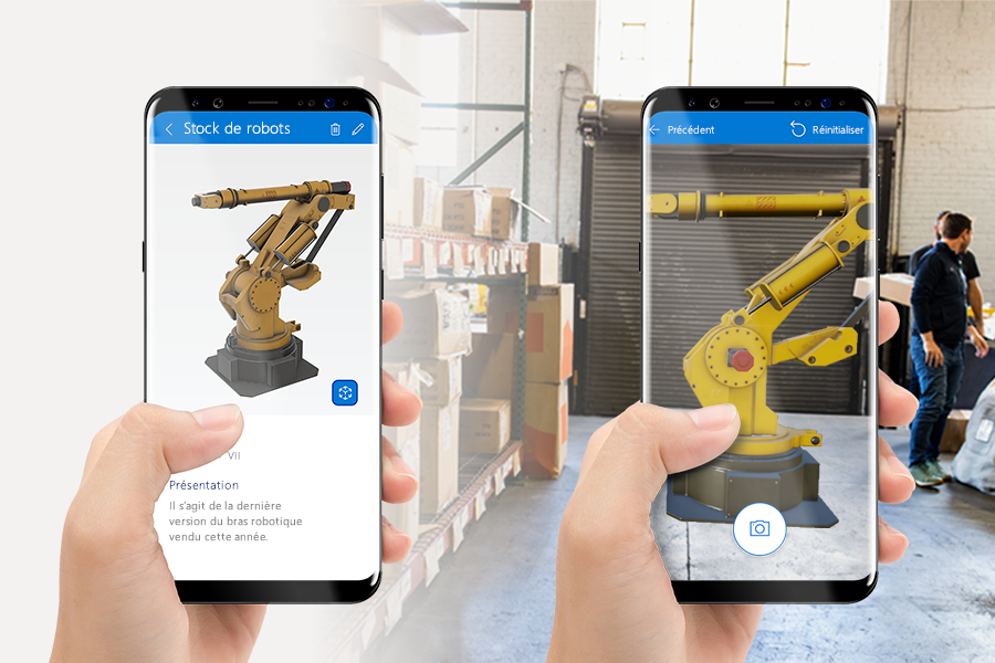 Une photo de deux téléphones côte à côte, qui montrent toutes deux un modèle 3D d’un chariot élévateur affiché dans deux applications mobiles.