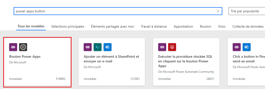 Une capture d’écran de la page de modèle Power Automate , avec le modèle de bouton Power Apps sélectionné.