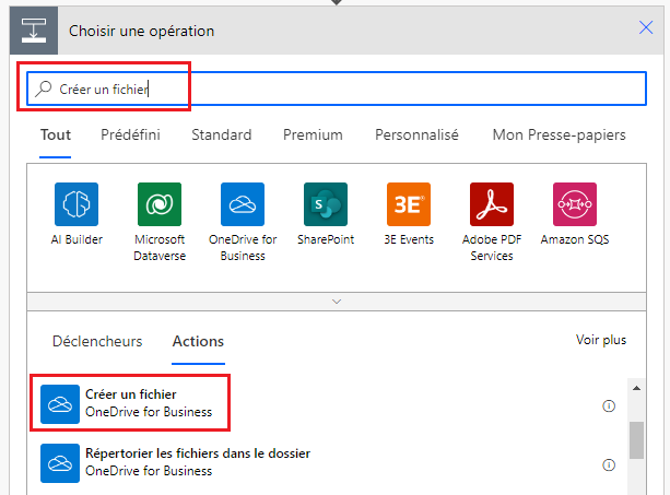 Une capture d’écran de la fenêtre d’édition Power Automate, avec l’action OneDrive – Créer un fichier sélectionnée.