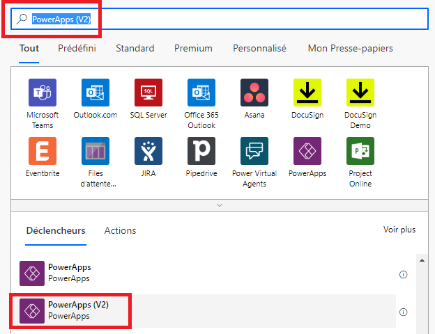 Une capture d’écran de la fenêtre d’édition Power Automate, avec le déclencheur (v2) PowerApps sélectionné.