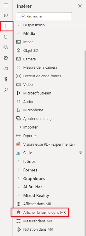 Une capture d’écran de l’onglet Insertion dans Power Apps Studio, indiquant où trouver la forme de vue dans le contrôle MR.