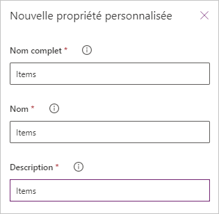 Zones Nom complet, Nom de propriété, Description.