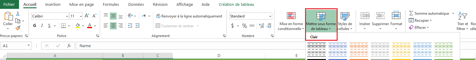 Capture d’écran mettant en évidence l’option Mettre sous forme de tableau dans Excel.