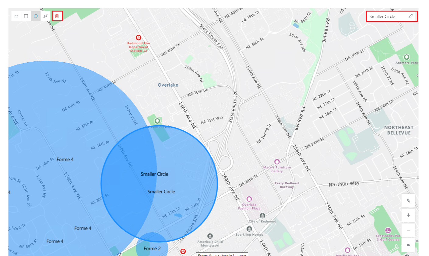 Capture d’écran d’un contrôle Carte avec des exemples de formes et d’Étiquettes, avec l’icône de la corbeille et la zone d’Étiquettes mis en surbrillance.