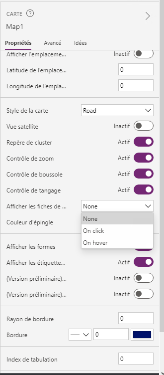 Une capture d’écran du volet Propriétés d’un contrôle Carte avec la propriété Afficher les fiches de renseignements ouverte pour afficher les options Au clic et Au survol.
