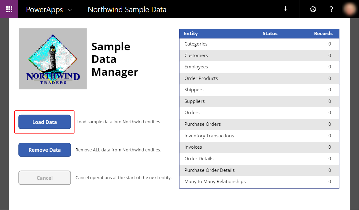 Bouton Charger les données dans Sample Data Manager.