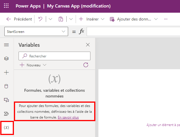 Capture d’écran montrant les collections dans l’application qui sont disponibles dans la section Variables.