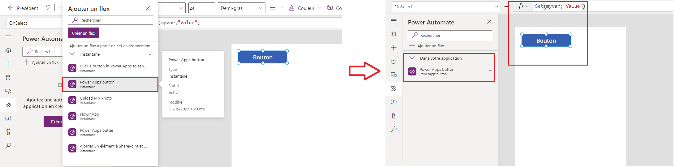 Capture d’écran montrant le flux ajouté à la propriété OnSelect du bouton qui n’est pas remplacé après l’ajout du flux.