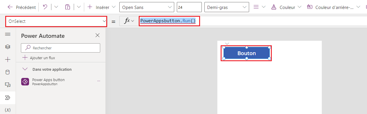 Capture d’écran montrant le flux ajouté à la propriété OnSelect du bouton avec la formule ci-dessus.