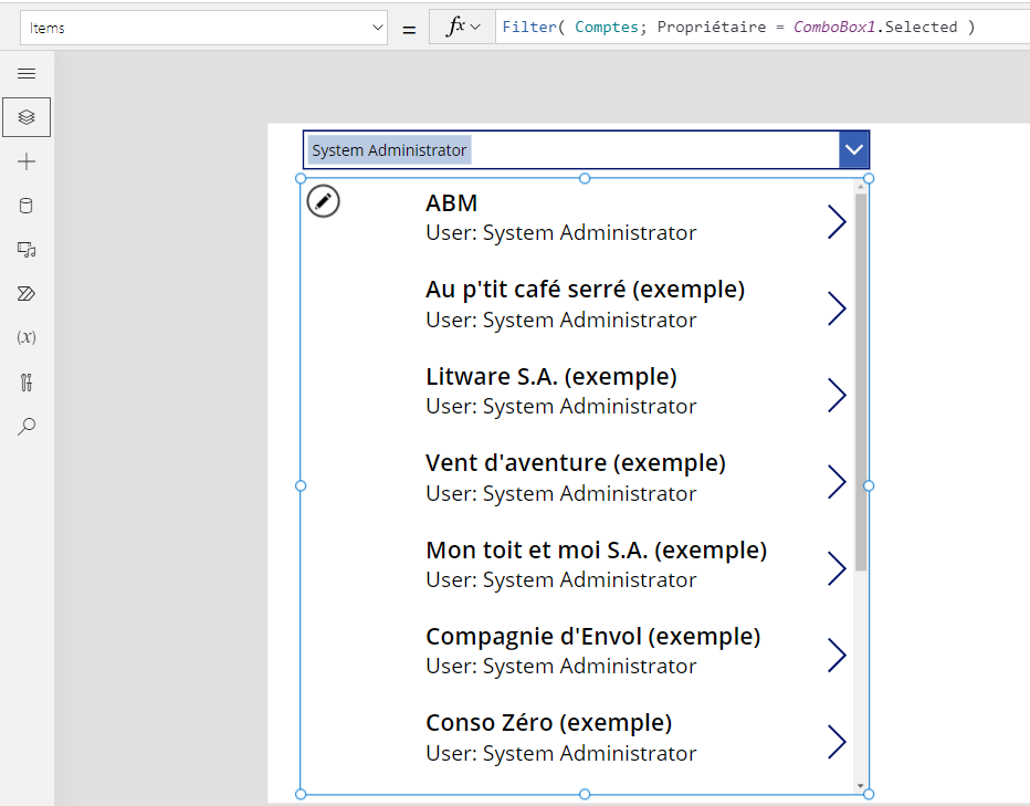 Galerie filtrée basée sur la valeur définie dans le contrôle de la zone de liste déroulante.