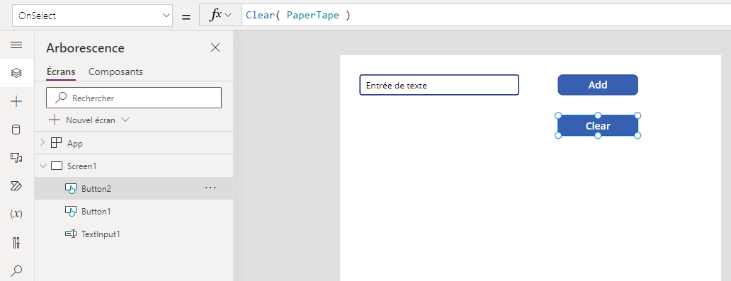 Propriété OnSelect du bouton Clear avec clear.