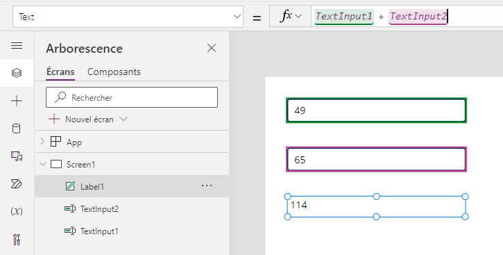 Calcul de la somme de deux nombres dans Power Apps.