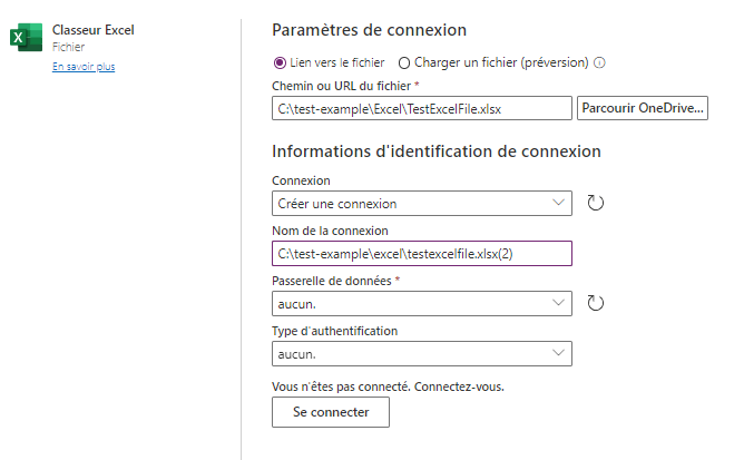 Informations de connexion pour accéder au classeur Excel.