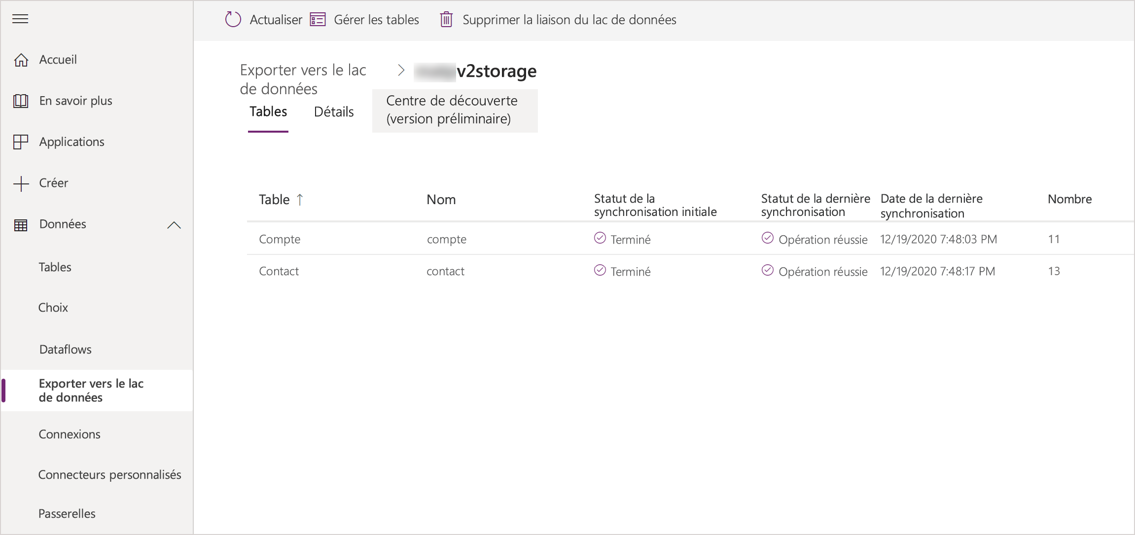 Tables Azure Synapse Link for Dataverse importées.