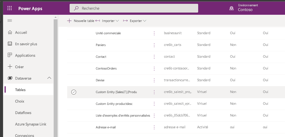 Maker Portal avec table virtuelle sélectionnée