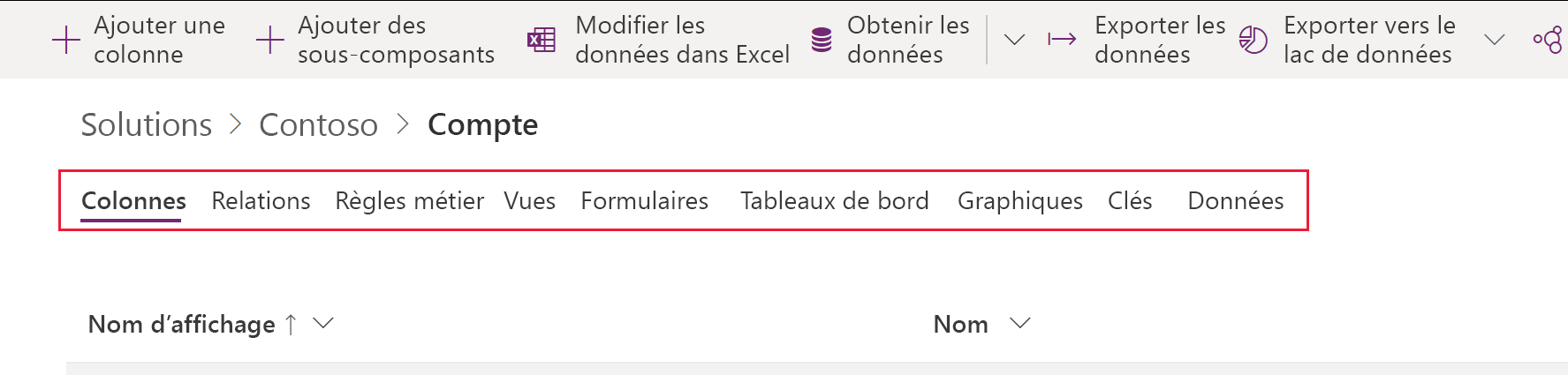 Solution de démonstration avec la table Compte développée.