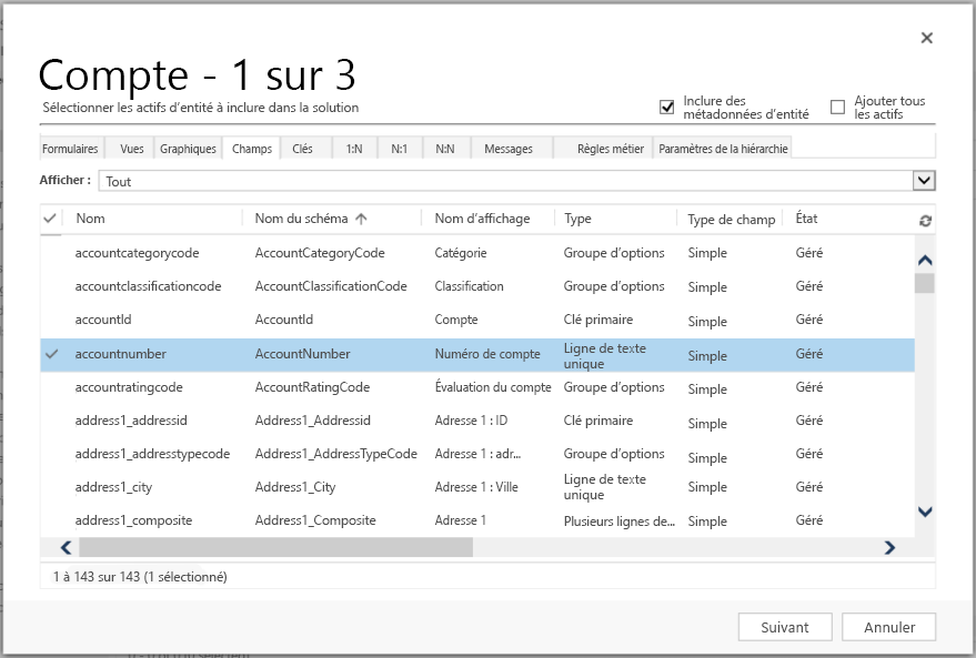 Sélectionnez les actifs de la table Compte.