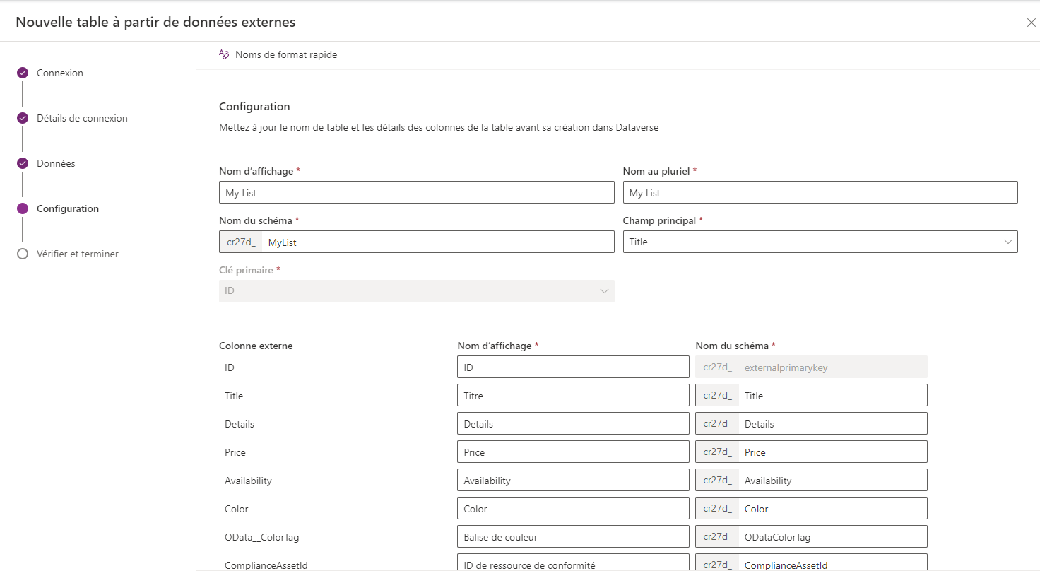 Configurer les noms de table et de colonne pour la table virtuelle