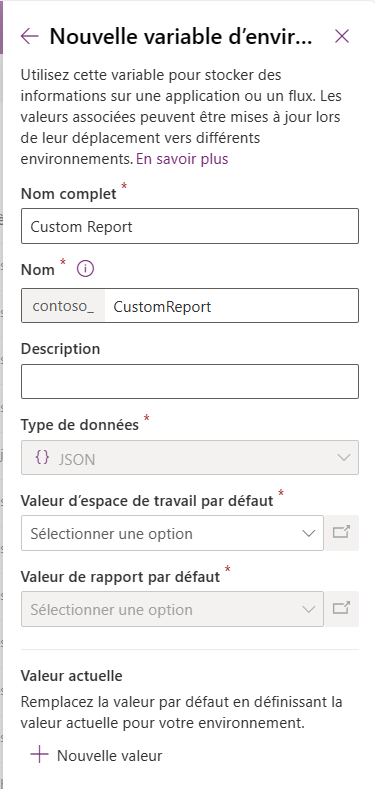 Volet Variable d’environnement Power BI embedded.