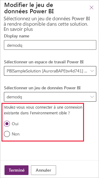 Capture d’écran montrant comment connecter automatiquement un composant Power BI à une connexion existante dans des environnements de déploiement.