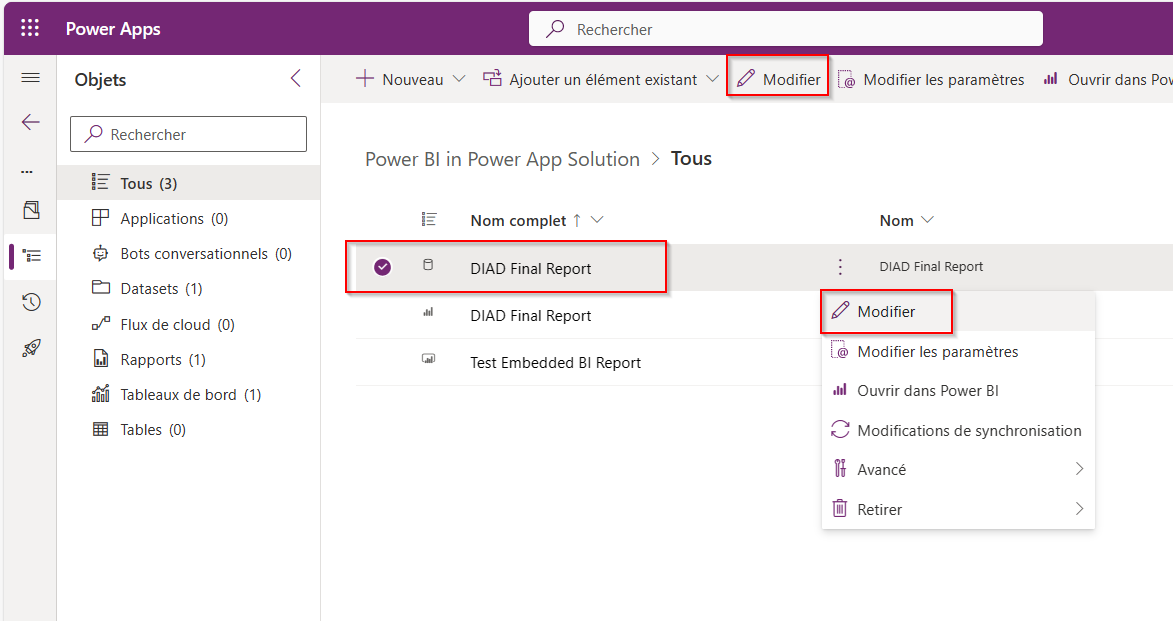 Capture d’écran montrant les boutons de modification d’un composant Power BI.