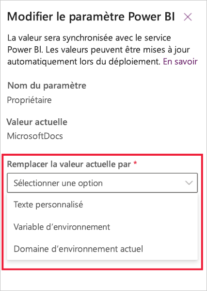 Capture d’écran montrant comment remplacer la valeur actuelle du paramètre.