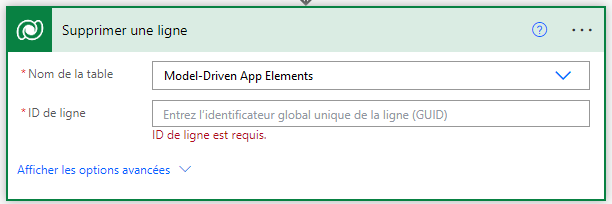 Supprimer une action de flux de ligne à l’aide d’une ligne de la table Dataverse d’éléments d’application pilotée par modèle