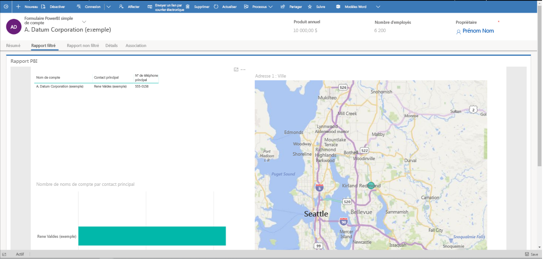 Rapport Power BI intégré avec filtrage contextuel.