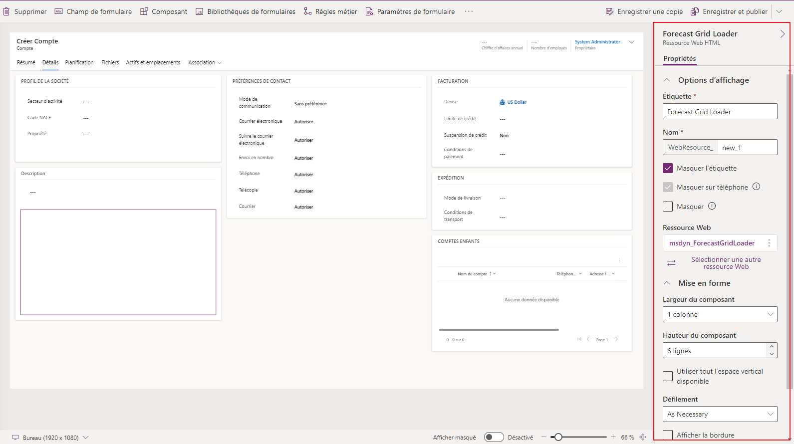 Volet des propriétés des ressources web dans concepteur de formulaires